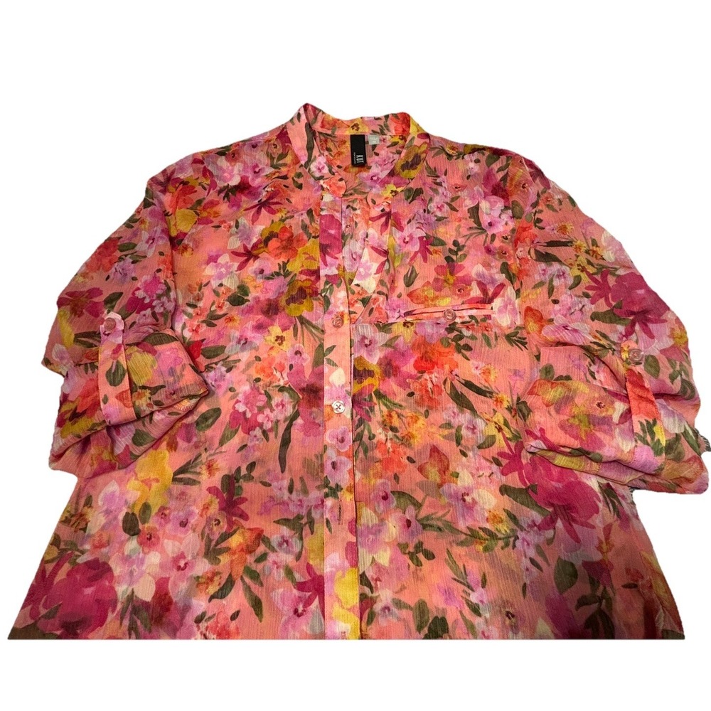 Kut From The Kloth Women Sheer Blouse Sz S Pink Floral Button Up, Roll Up Sleeve